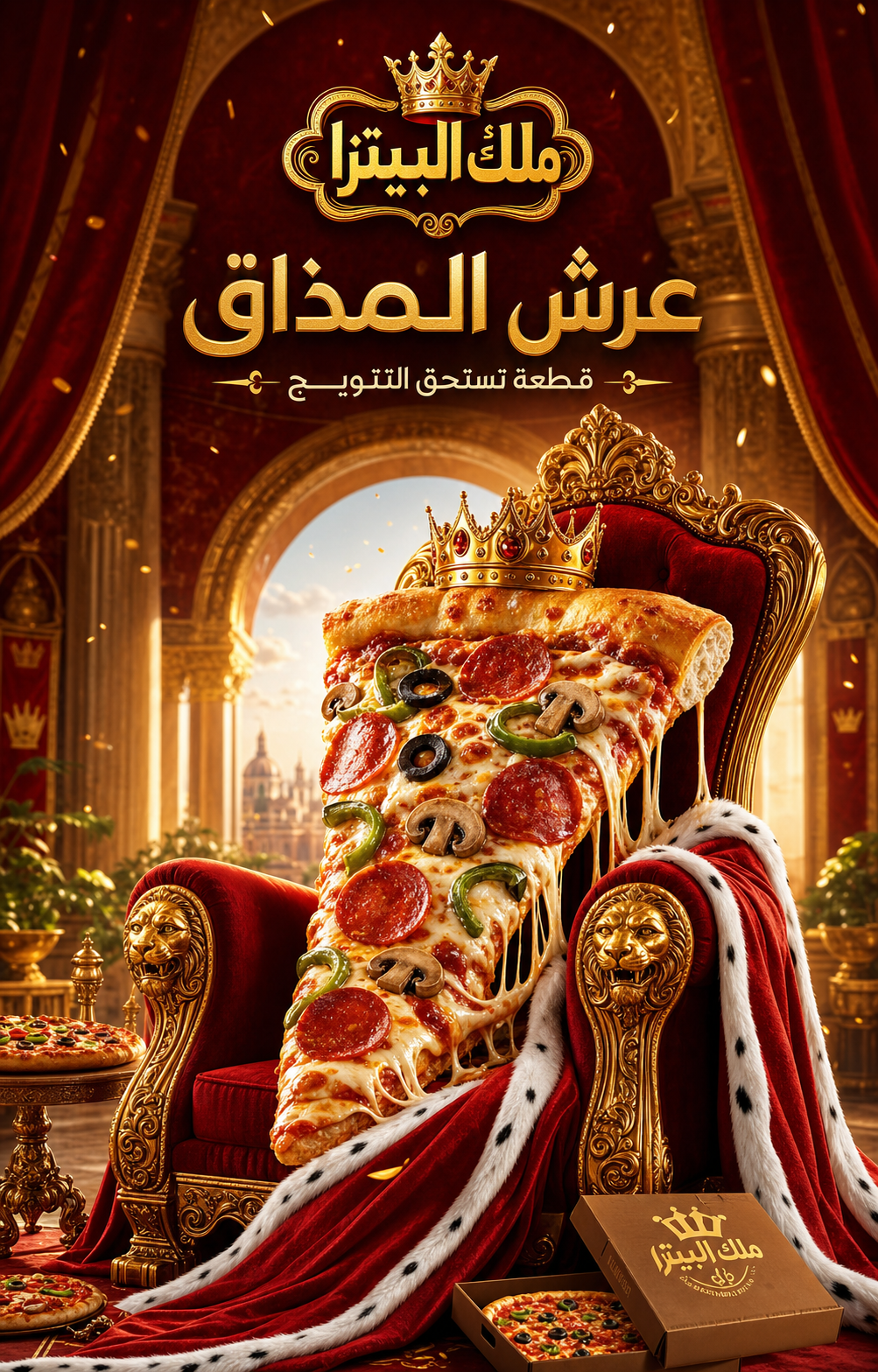 إعلان بيتزا من Pizza King — تصميم ثنائي اللغة بترتيب هرمي واضح بين الإنجليزي والعربي