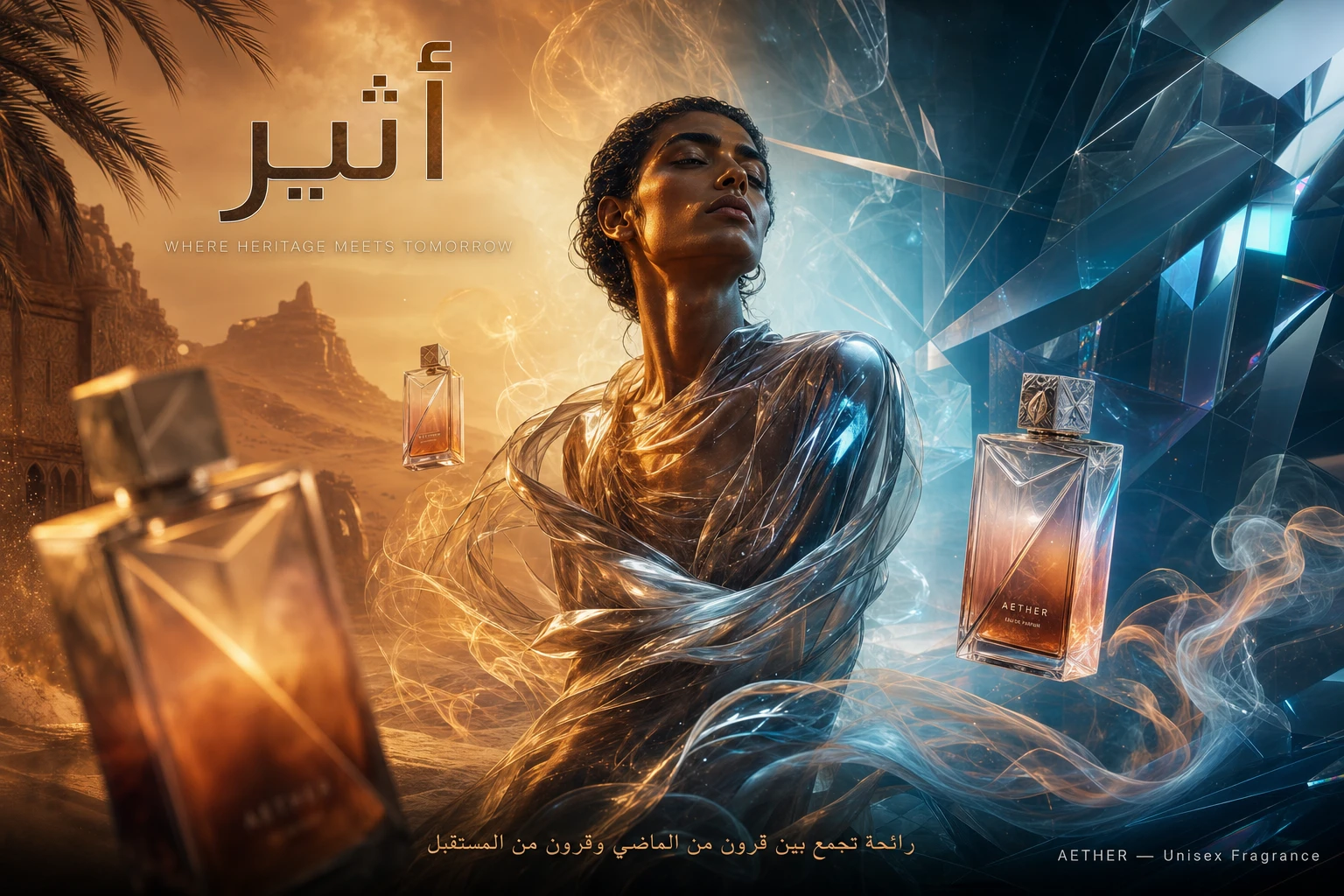 تصميم إعلان اذر للعطور: قارورة كريستالية مع خط عربي رئيسي بترجمة لاتينية تابعة